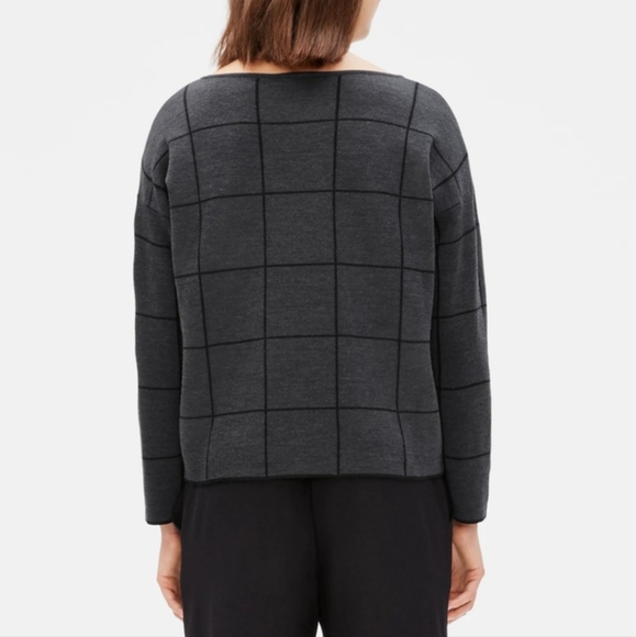 Eileen Fisher Boxy Fit Bateau Neck Window Pane Merino Wool Sweater Black… - Picture 3 of 8